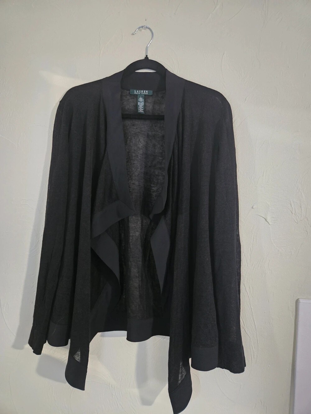 Lauren Ralph Lauren Black Linen Blend Waterfall Open Front Cardigan L